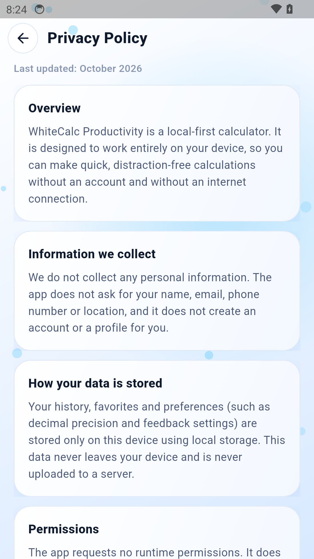 WhiteCalc Productivity privacy policy screen