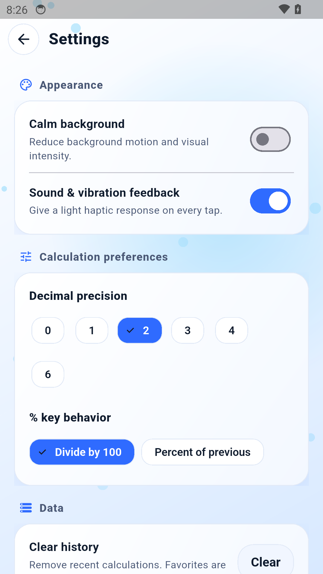 WhiteCalc Productivity settings screen